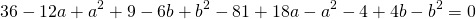 \[ 36 - 12a + a^2 + 9 - 6b + b^2 - 81 + 18a - a^2 - 4 + 4b - b^2 = 0 \]