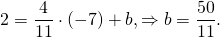[2 = frac{4}{{11}} cdot ( - 7) + b, Rightarrow b = frac{{50}}{{11}}.]