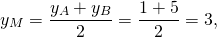 \[y_M = \frac{{y_A + y_B }}{2} = \frac{{1 + 5}}{2} = 3,\]